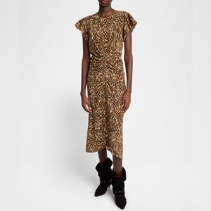 NWT Isabel Marant Terena Cheetah Print Ruched Silk Midi Dress